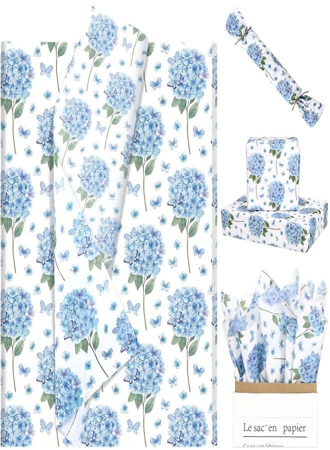 Sanixin 100 Sheets Watercolor Hydrangea Tissue Paper Blue Floral Butterfly Tissue Paper Decorative Tissue for Baby Shower, Wedding, Birthday Party Gift Packaging Supplies, 20 x 14 Inch - Image 1